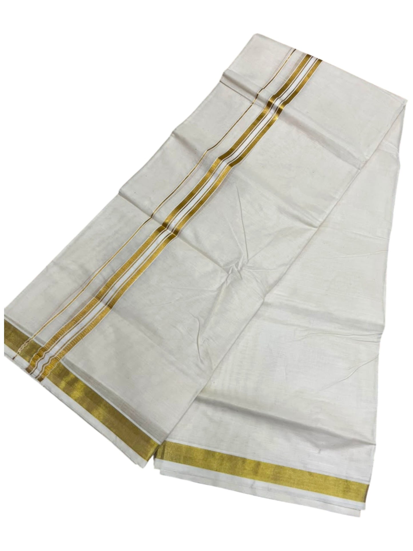 Southloom Kerala Pure Cotton Double Mundu with Gold Kasavu and Border (South Indian Dhoti)