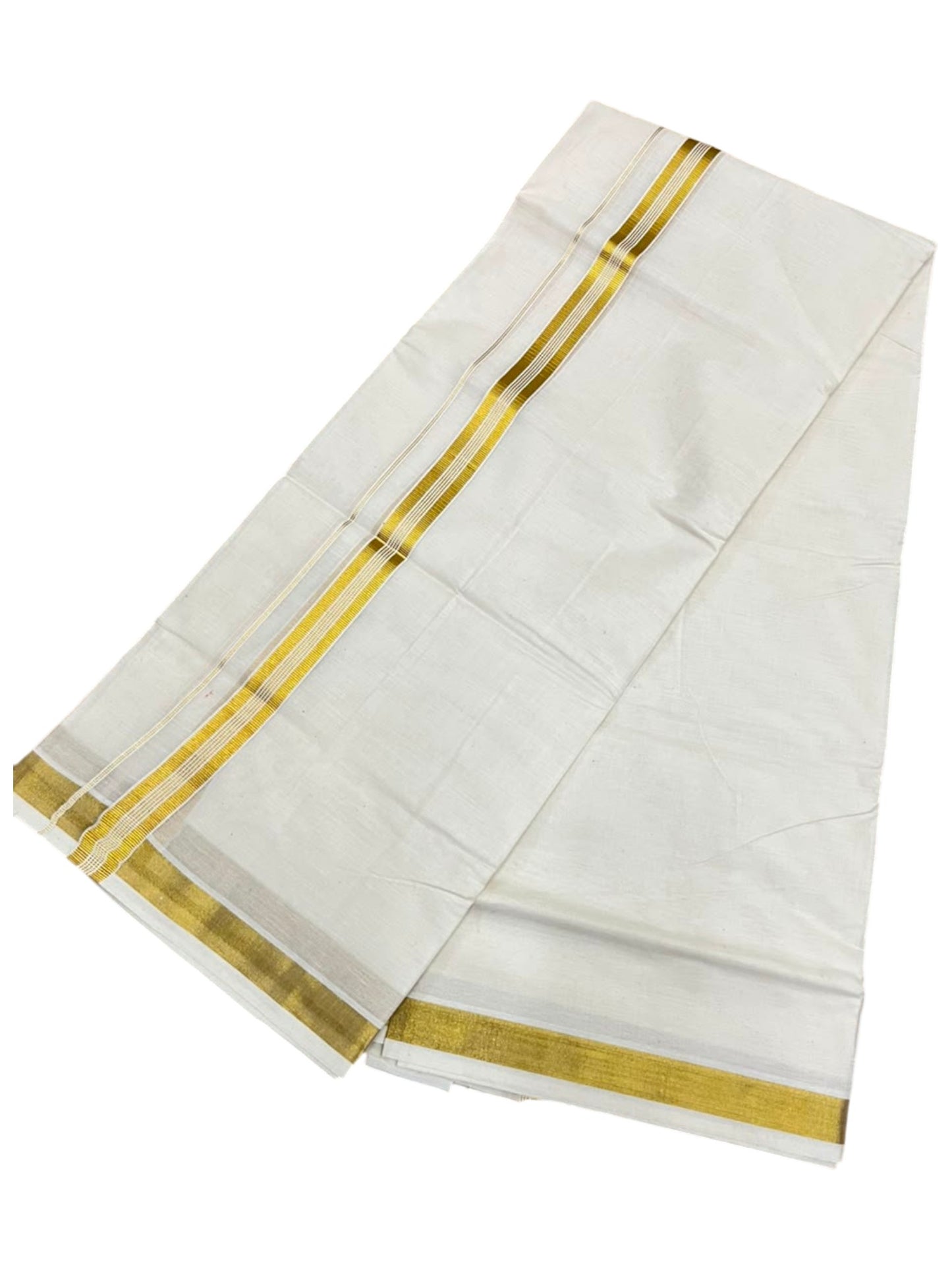 Southloom Kerala Pure Cotton Double Mundu with Gold Kasavu and Border (South Indian Dhoti)