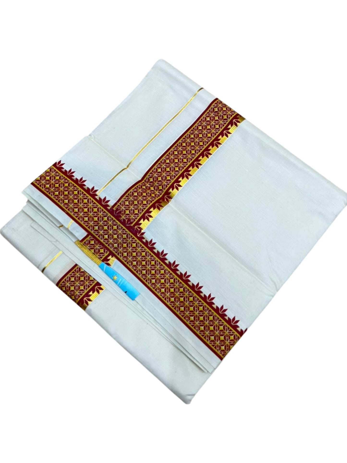 Southloom Kerala Pure Cotton Double Mundu with Maroon Printed and Kasavu Border (South Indian Dhoti)