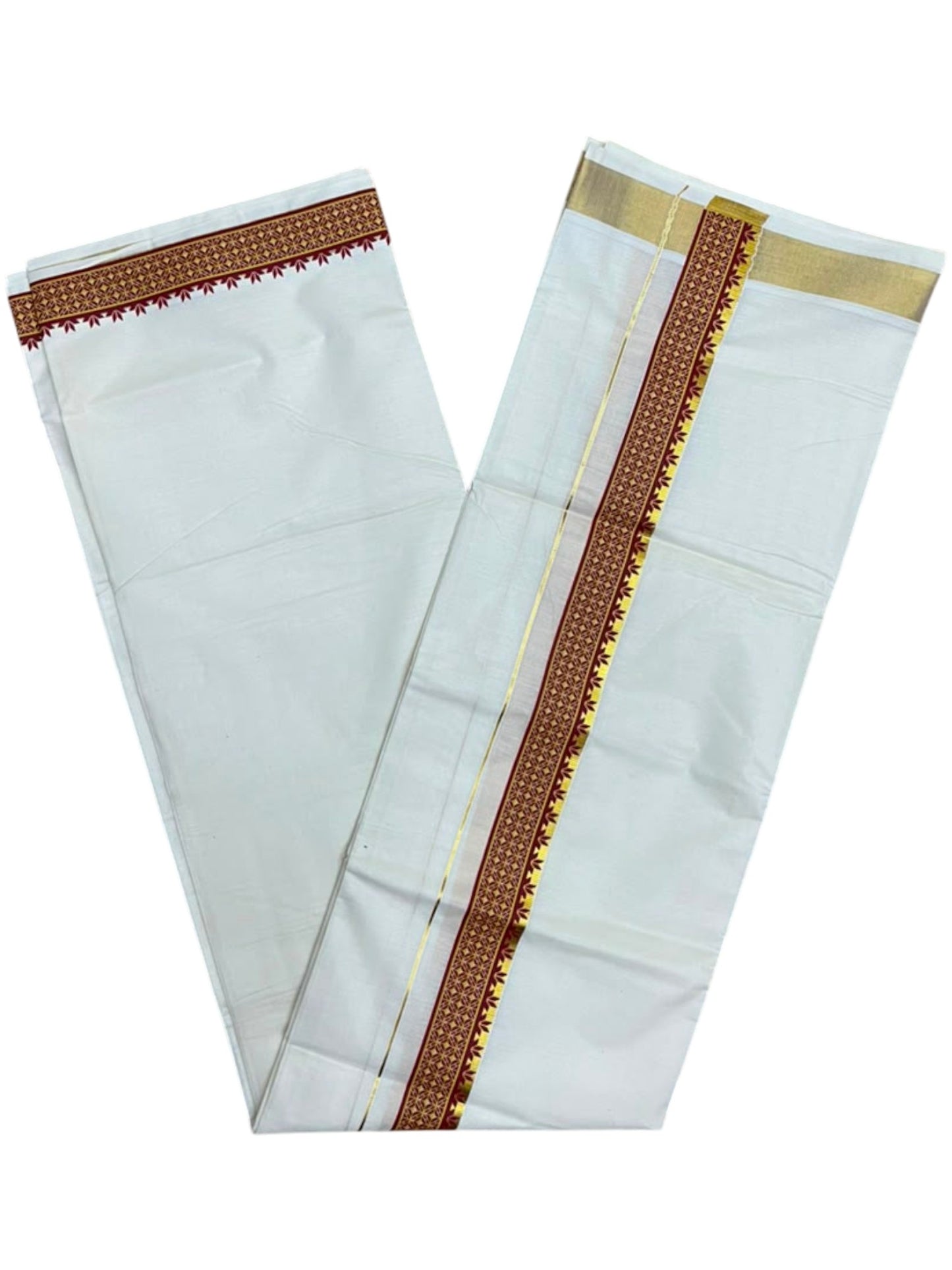 Southloom Kerala Pure Cotton Double Mundu with Maroon Printed and Kasavu Border (South Indian Dhoti)