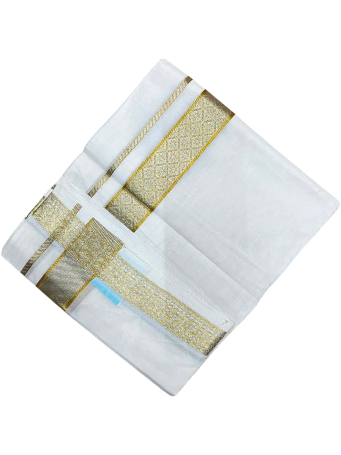 Southloom Kerala Pure Cotton Double Mundu with Gold and Silver Kasavu Border (South Indian Dhoti)