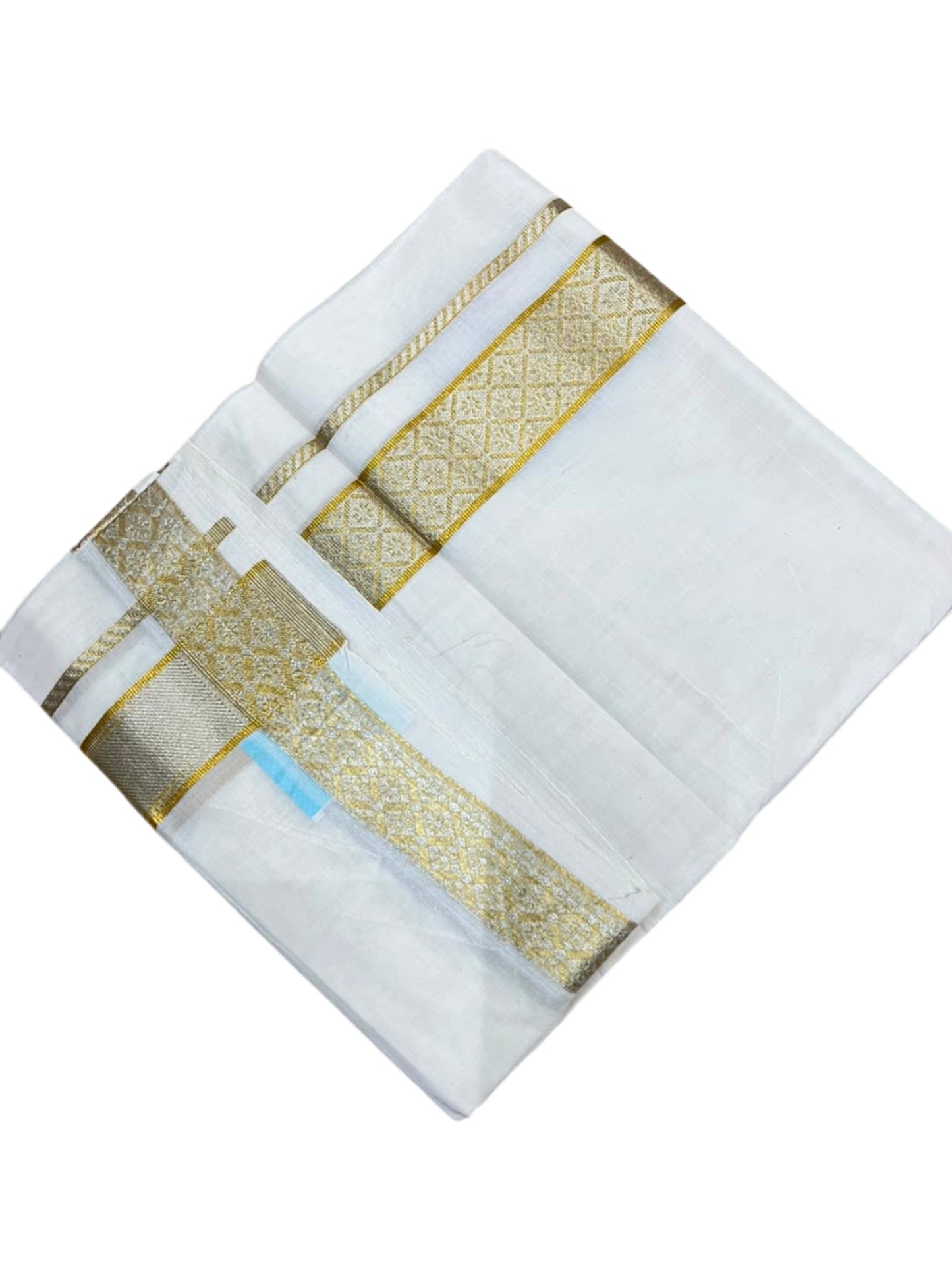 Southloom Kerala Pure Cotton Double Mundu with Gold and Silver Kasavu Border (South Indian Dhoti)