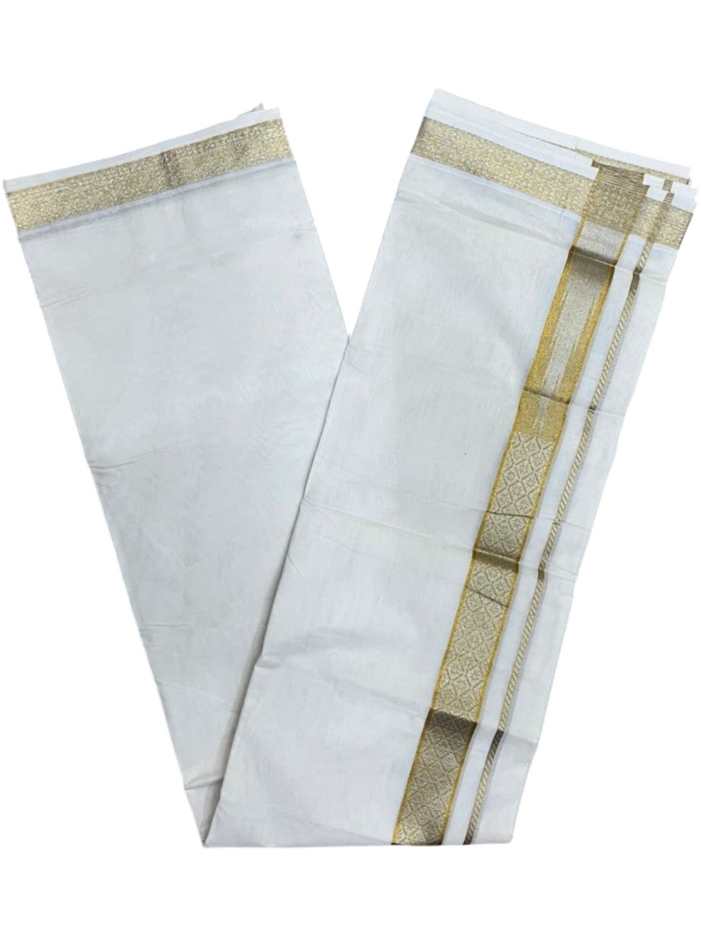 Southloom Kerala Pure Cotton Double Mundu with Gold and Silver Kasavu Border (South Indian Dhoti)