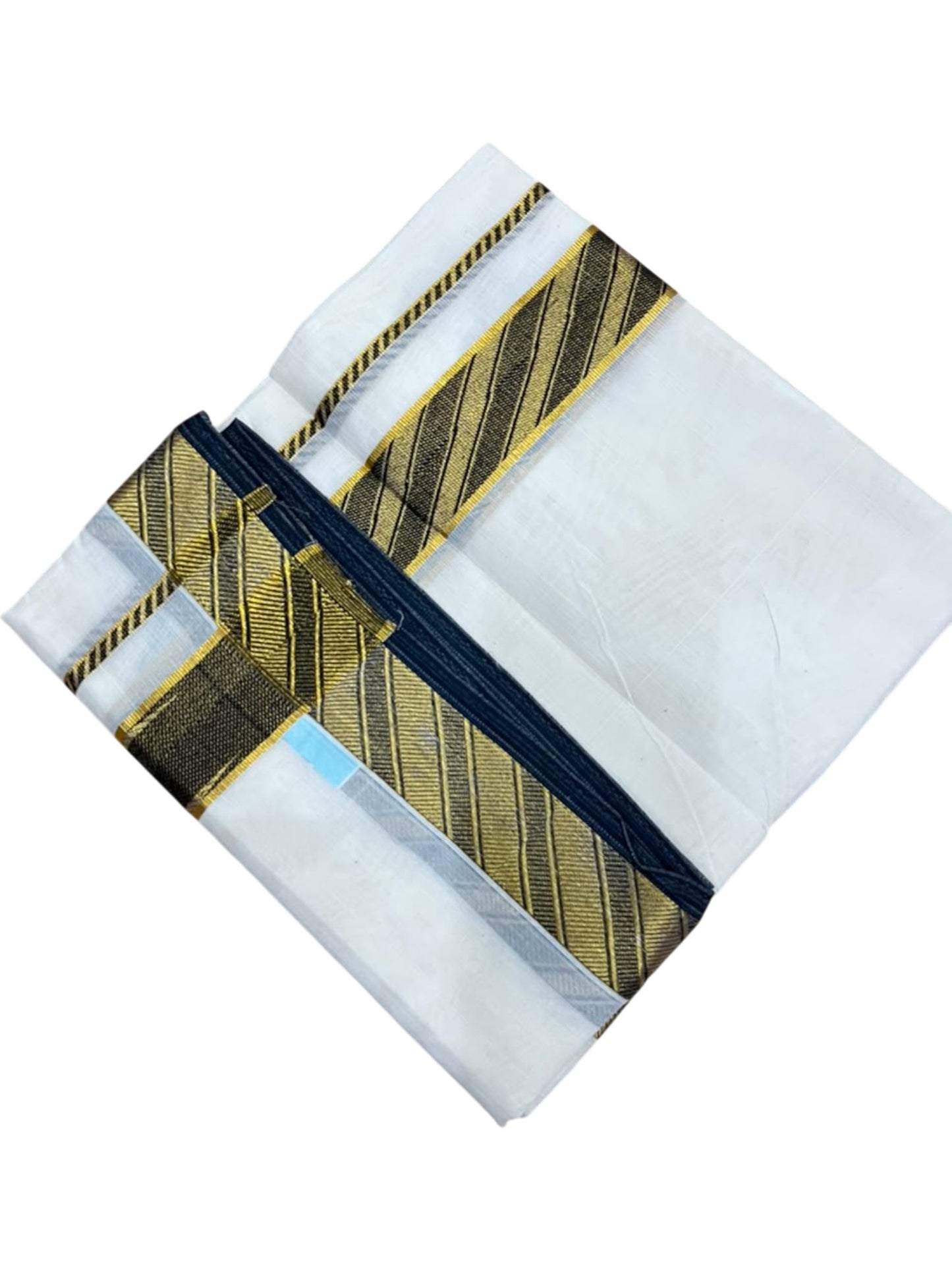Southloom Kerala Pure Cotton Double Mundu with Gold and Black Kasavu Border (South Indian Dhoti)