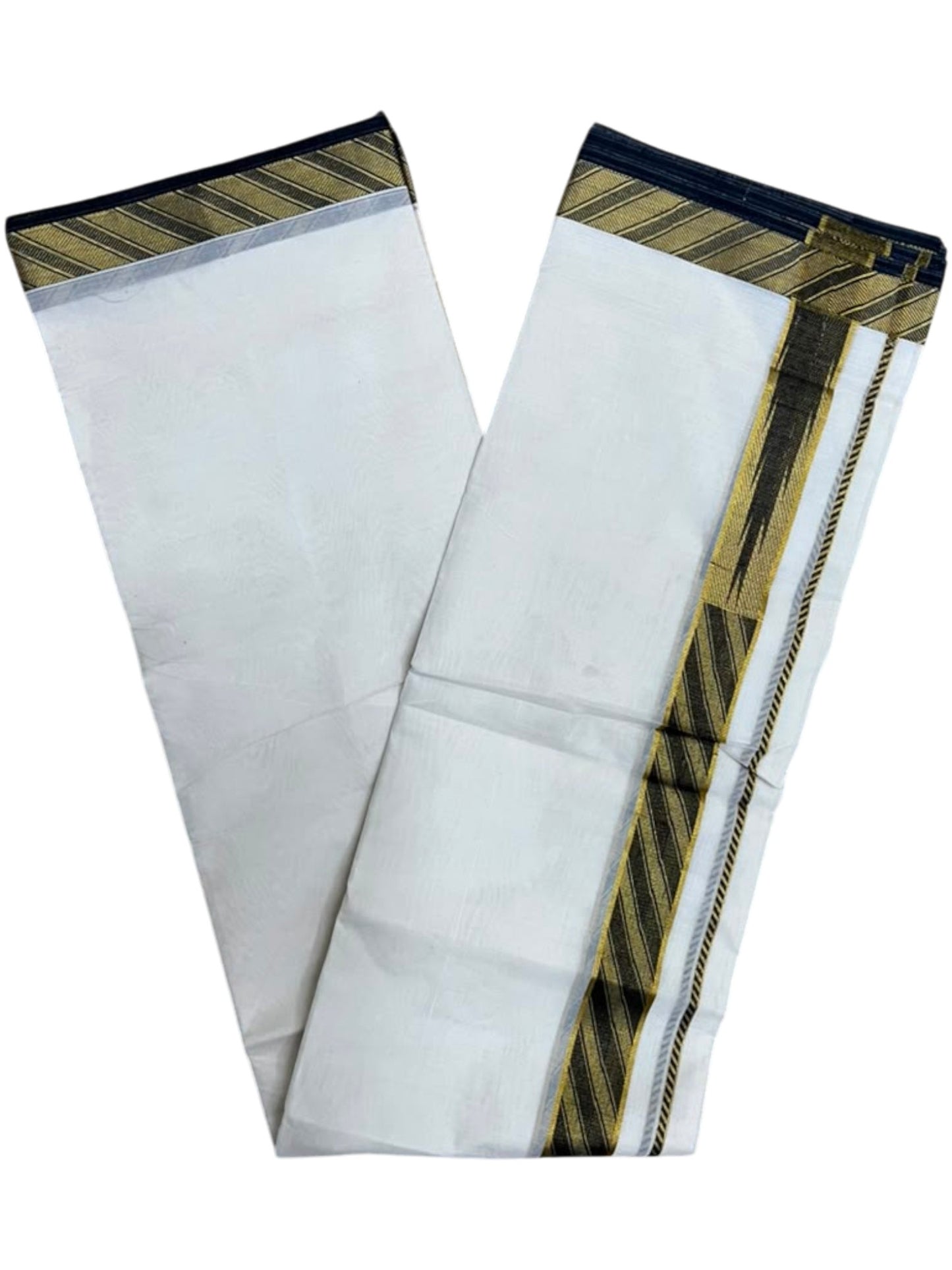 Southloom Kerala Pure Cotton Double Mundu with Gold and Black Kasavu Border (South Indian Dhoti)