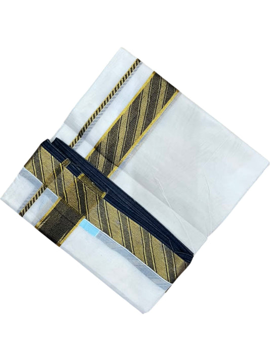 Southloom Kerala Pure Cotton Double Mundu with Gold and Black Kasavu Border (South Indian Dhoti)