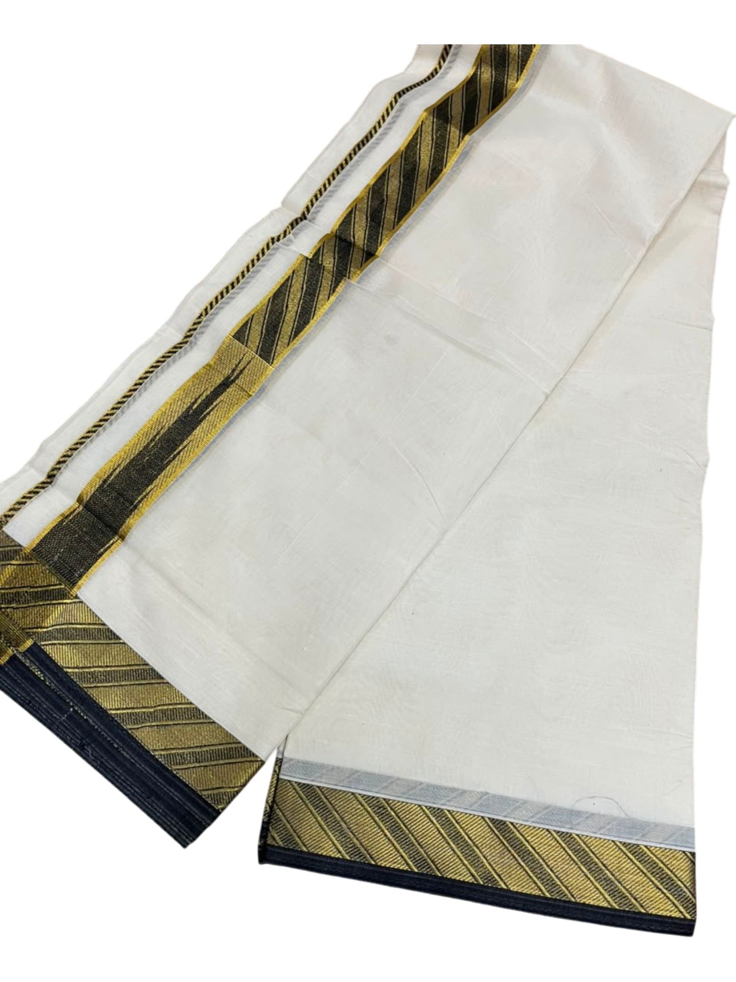 Southloom Kerala Pure Cotton Double Mundu with Gold and Black Kasavu Border (South Indian Dhoti)