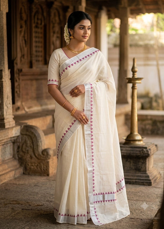 Kerala Cotton Purple Temple Border With Silver Ksavu Saree SL544