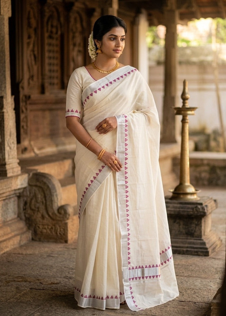 Kerala Cotton Purple Temple Border With Silver Ksavu Saree SL544