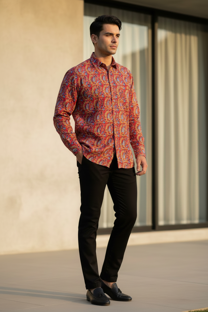 Southloom Jaipur Pure Cotton Block Printed Shirt for Men in Full Sleeve (3XL)