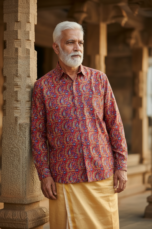 Southloom Jaipur Pure Cotton Block Printed Shirt for Men in Full Sleeve (3XL)