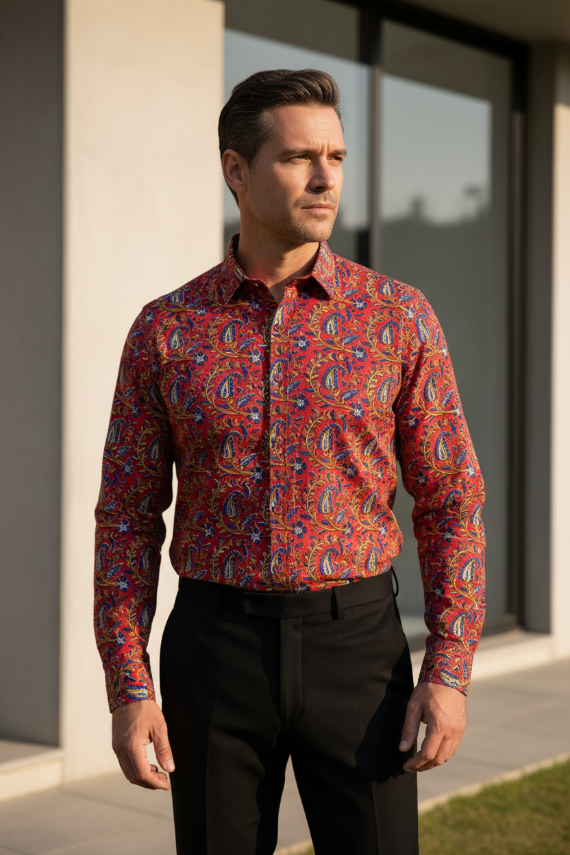 Southloom Jaipur Pure Cotton Block Printed Shirt for Men in Full Sleeve (3XL)