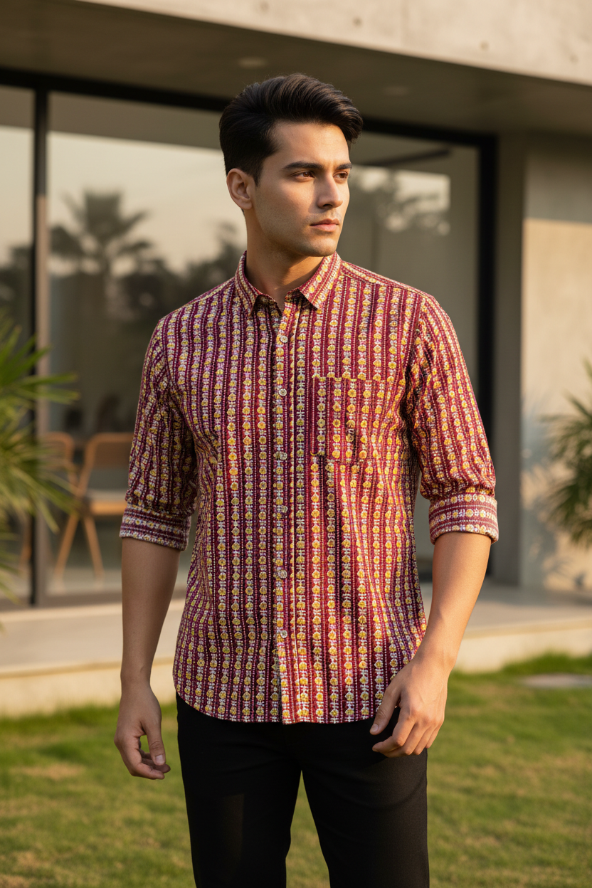 Southloom Jaipur Pure Cotton Block Printed Shirt for Men in Full Sleeve (2XL)