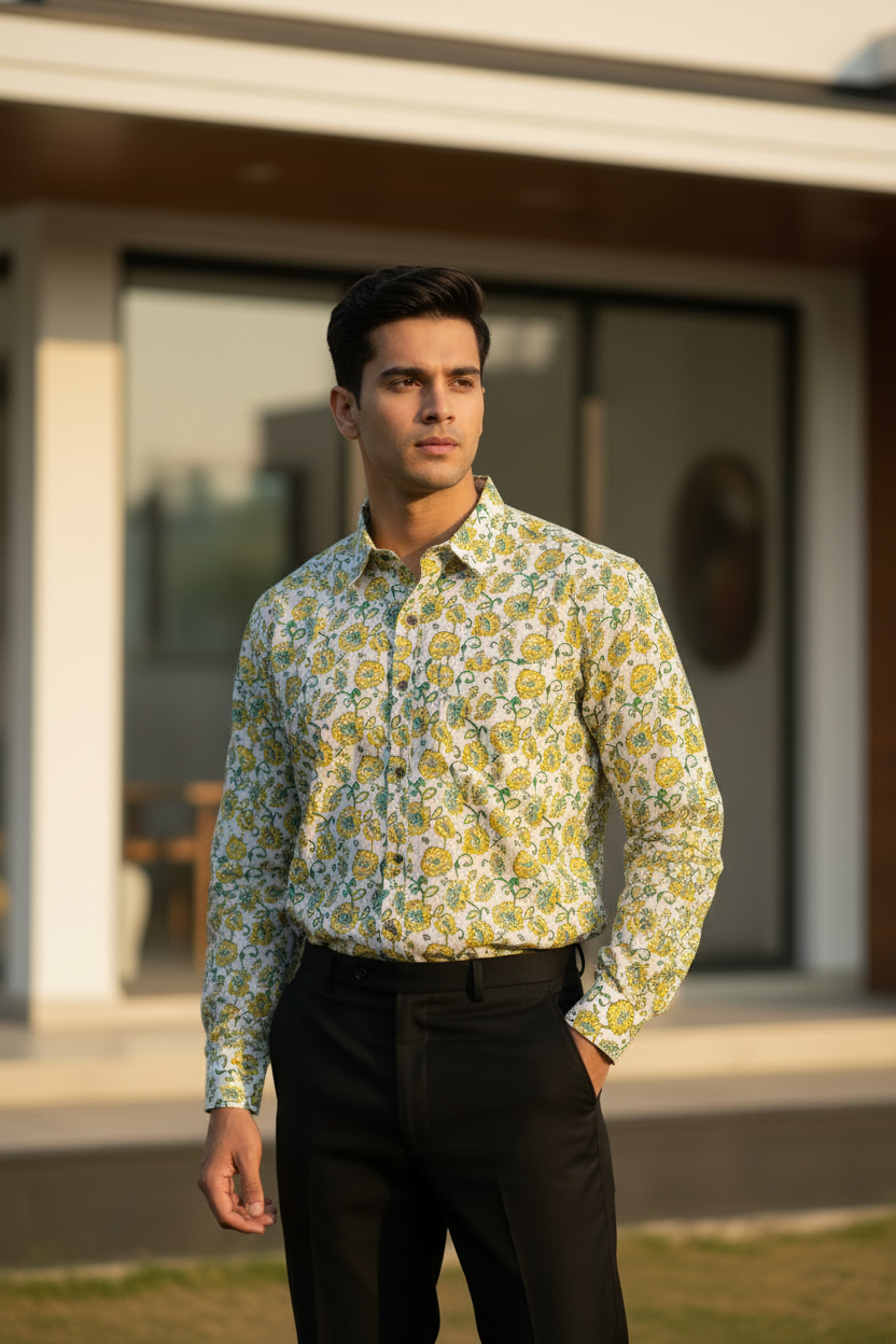 Southloom Jaipur Pure Cotton Block Printed Shirt for Men in Full Sleeve (3XL)
