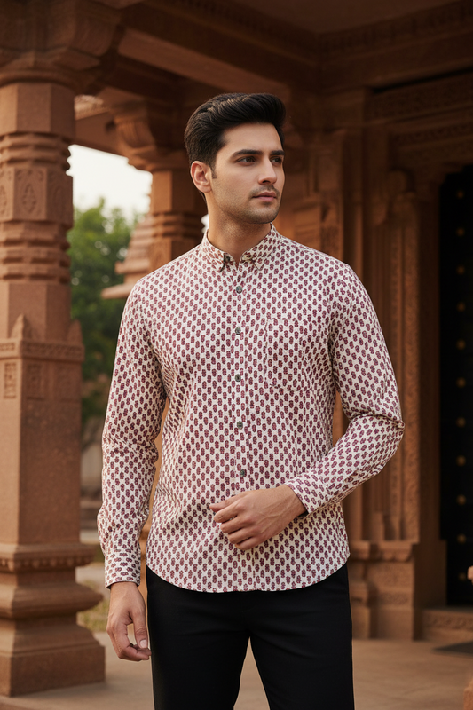 Southloom Jaipur Pure Cotton Block Printed Shirt for Men in Full Sleeve (2XL)