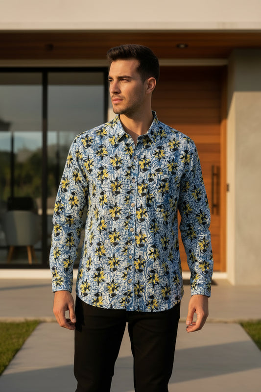 Southloom Jaipur Pure Cotton Block Printed Shirt for Men in Full Sleeve (3XL)