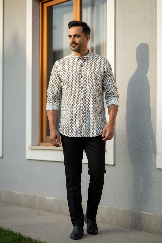 Southloom Jaipur Pure Cotton Block Printed Shirt for Men in Full Sleeve (2XL)