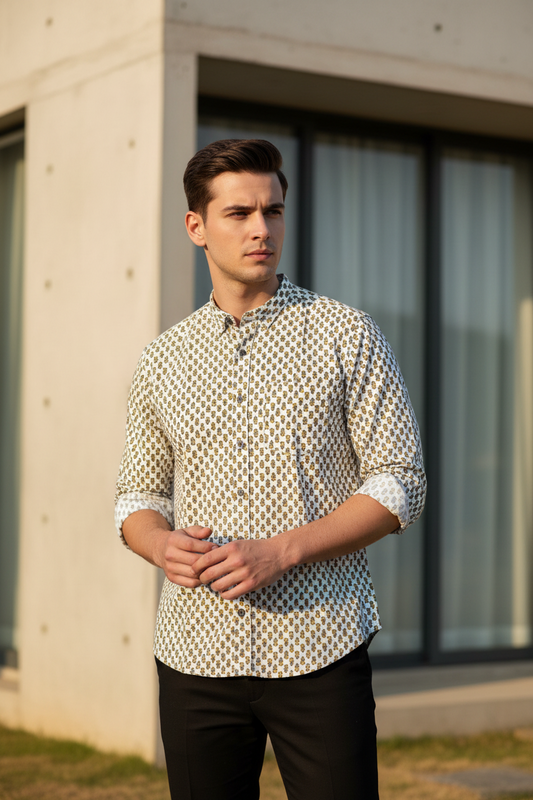 Southloom Jaipur Pure Cotton Block Printed Shirt for Men in Full Sleeve (2XL)
