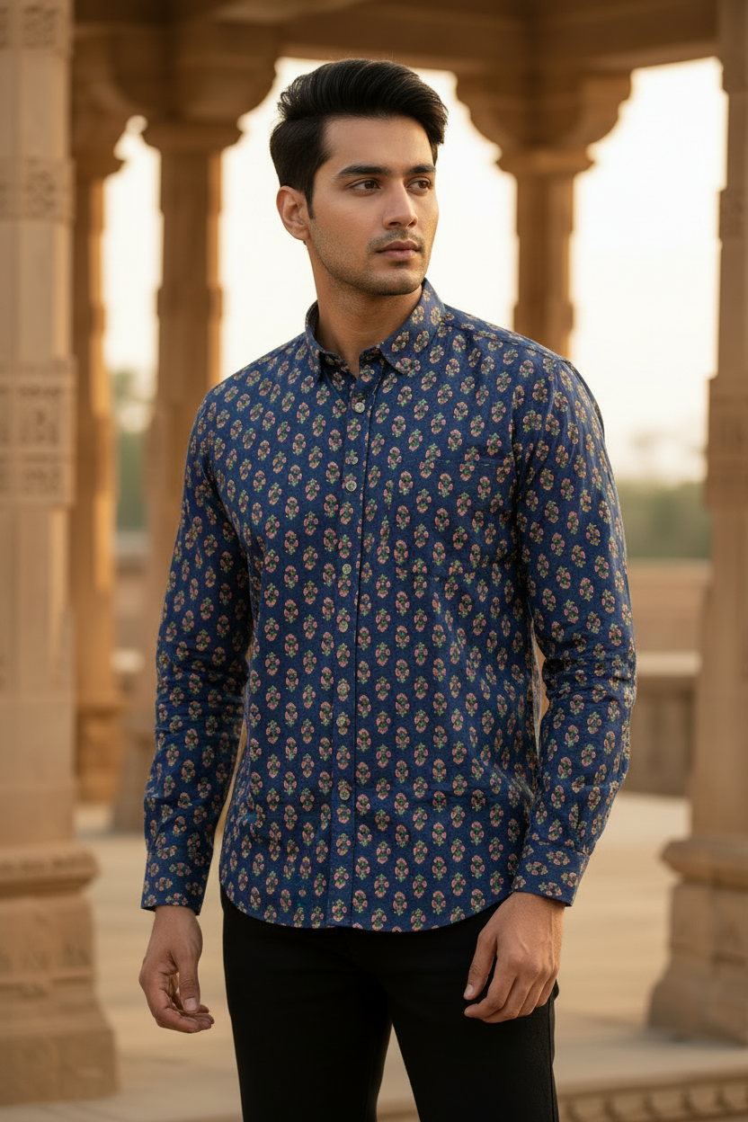 Southloom Jaipur Pure Cotton Block Printed Shirt for Men in Full Sleeve (2XL)