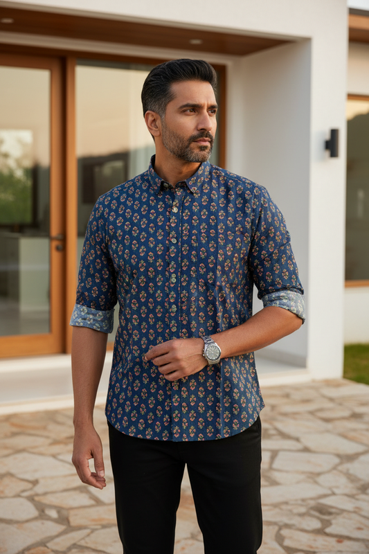 Southloom Jaipur Pure Cotton Block Printed Shirt for Men in Full Sleeve (2XL)