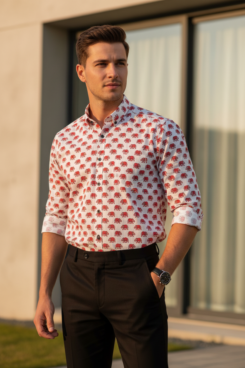 Southloom Jaipur Pure Cotton Block Printed Shirt for Men in Full Sleeve (3XL)