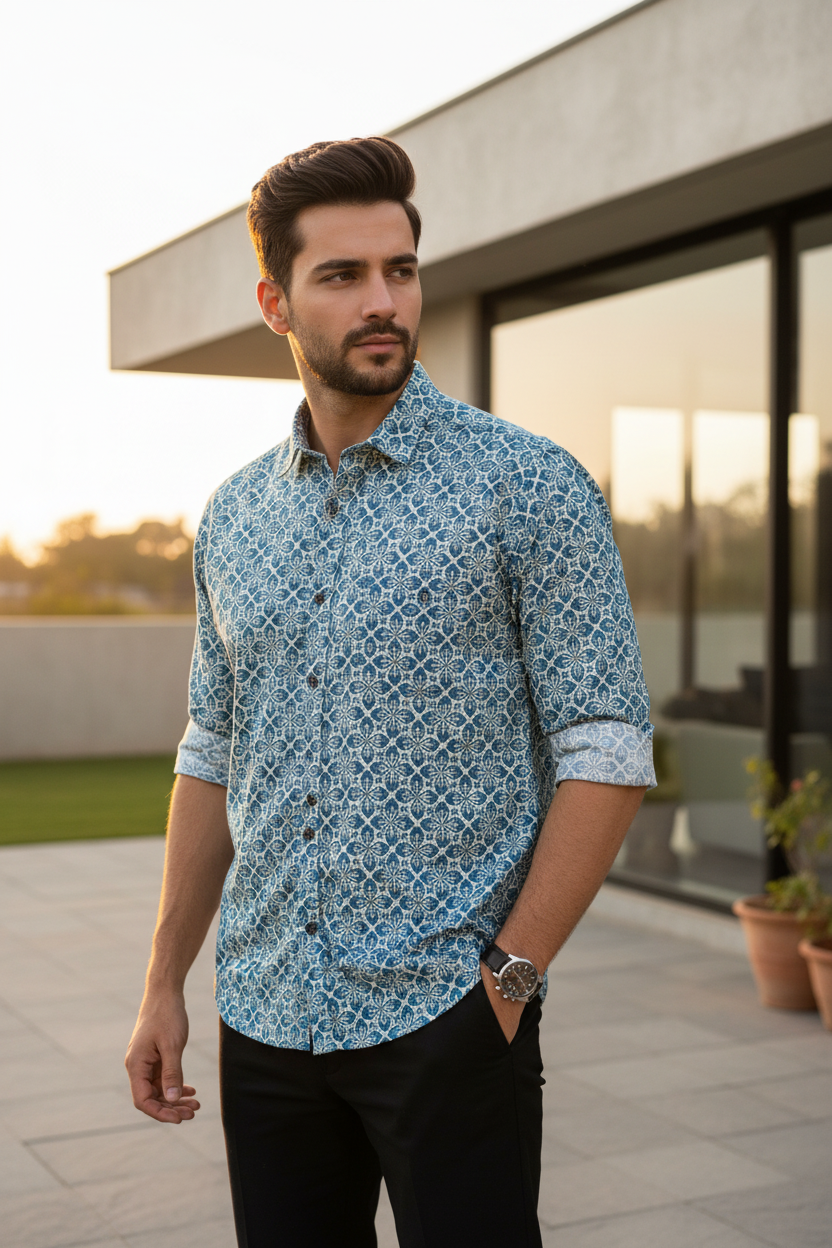 Southloom Jaipur Pure Cotton Block Printed Shirt for Men in Full Sleeve (3XL)