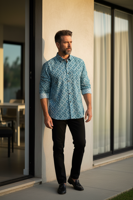 Southloom Jaipur Pure Cotton Block Printed Shirt for Men in Full Sleeve (3XL)