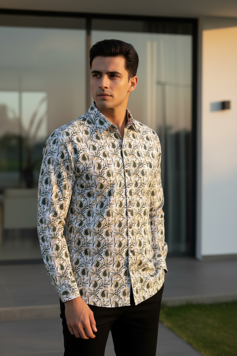 Southloom Jaipur Pure Cotton Block Printed Shirt for Men in Full Sleeve (2XL)
