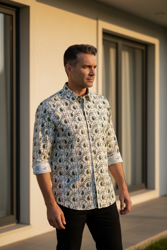 Southloom Jaipur Pure Cotton Block Printed Shirt for Men in Full Sleeve (2XL)