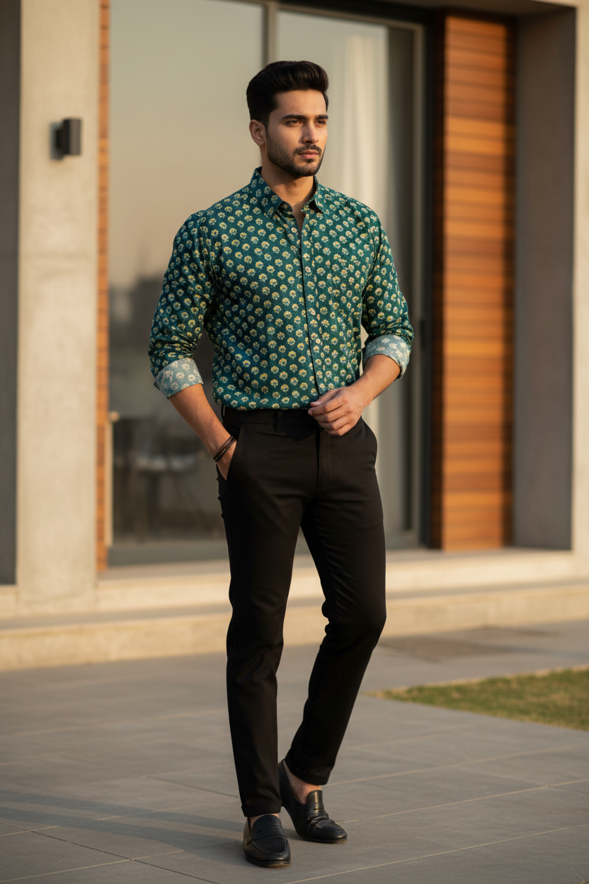 Southloom Jaipur Pure Cotton Block Printed Shirt for Men in Full Sleeve (2XL)