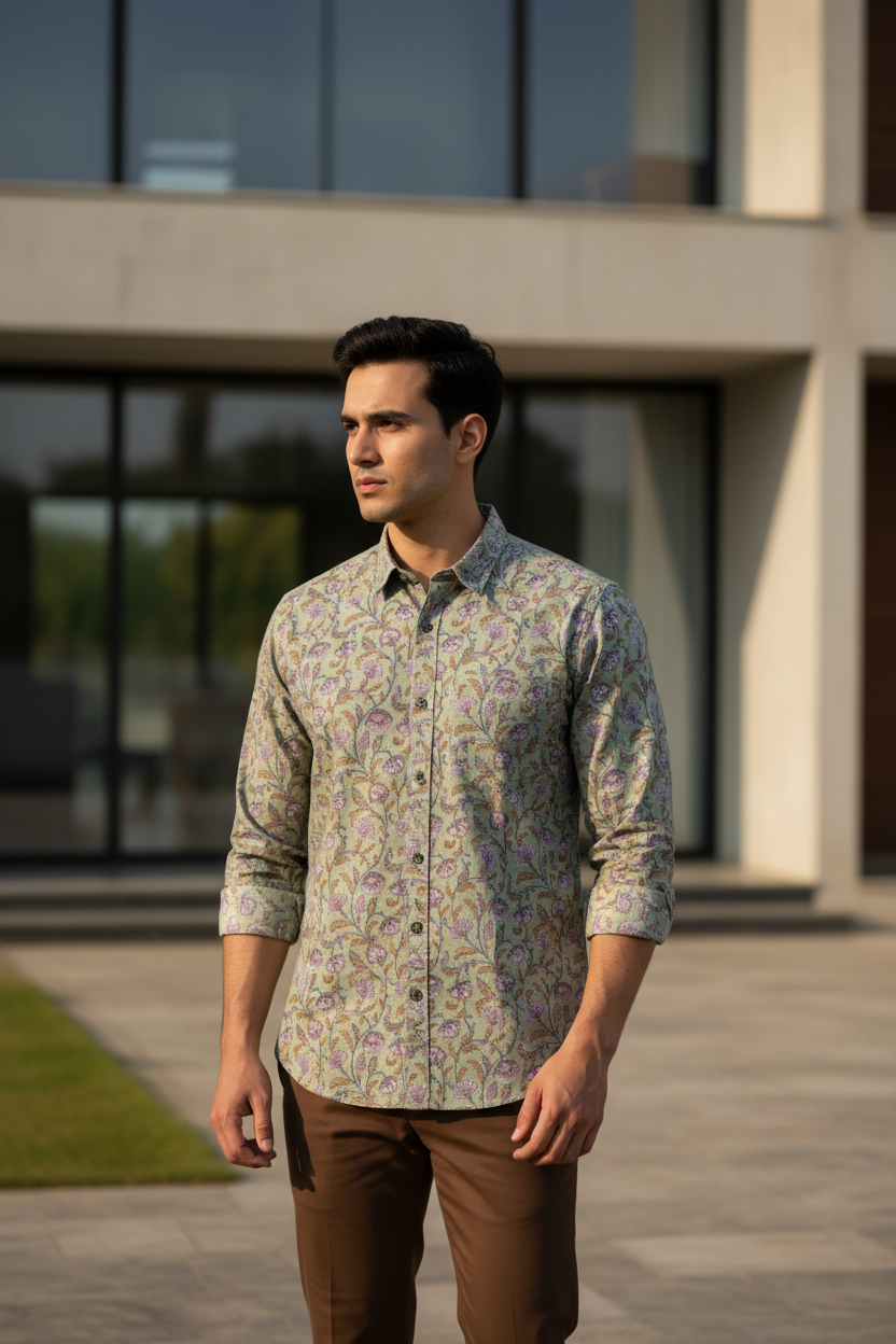 Southloom Jaipur Pure Cotton Block Printed Shirt for Men in Full Sleeve (2XL)