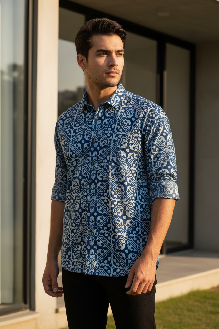 Southloom Jaipur Pure Cotton Block Printed Shirt for Men in Full Sleeve (2XL)