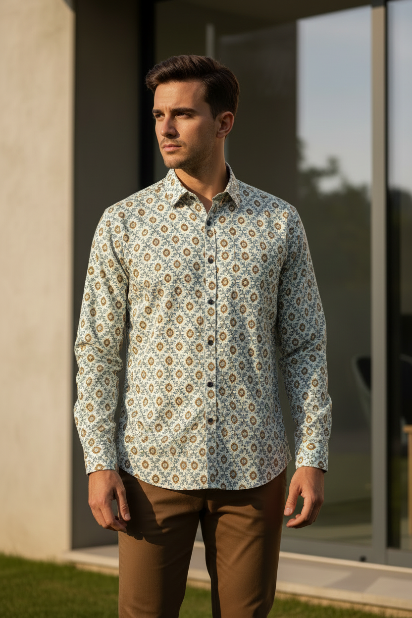 Southloom Jaipur Pure Cotton Block Printed Shirt for Men in Full Sleeve (3XL)