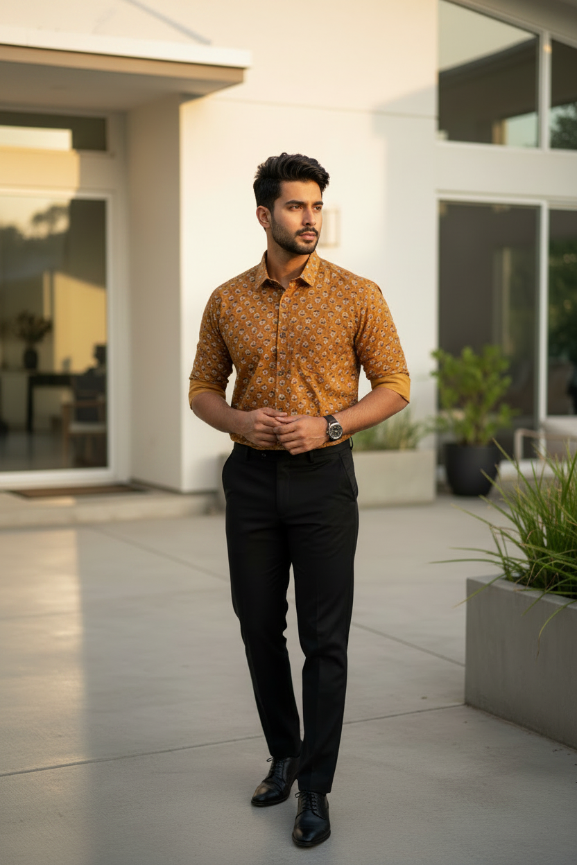 Southloom Jaipur Pure Cotton Block Printed Shirt for Men in Full Sleeve (3XL)