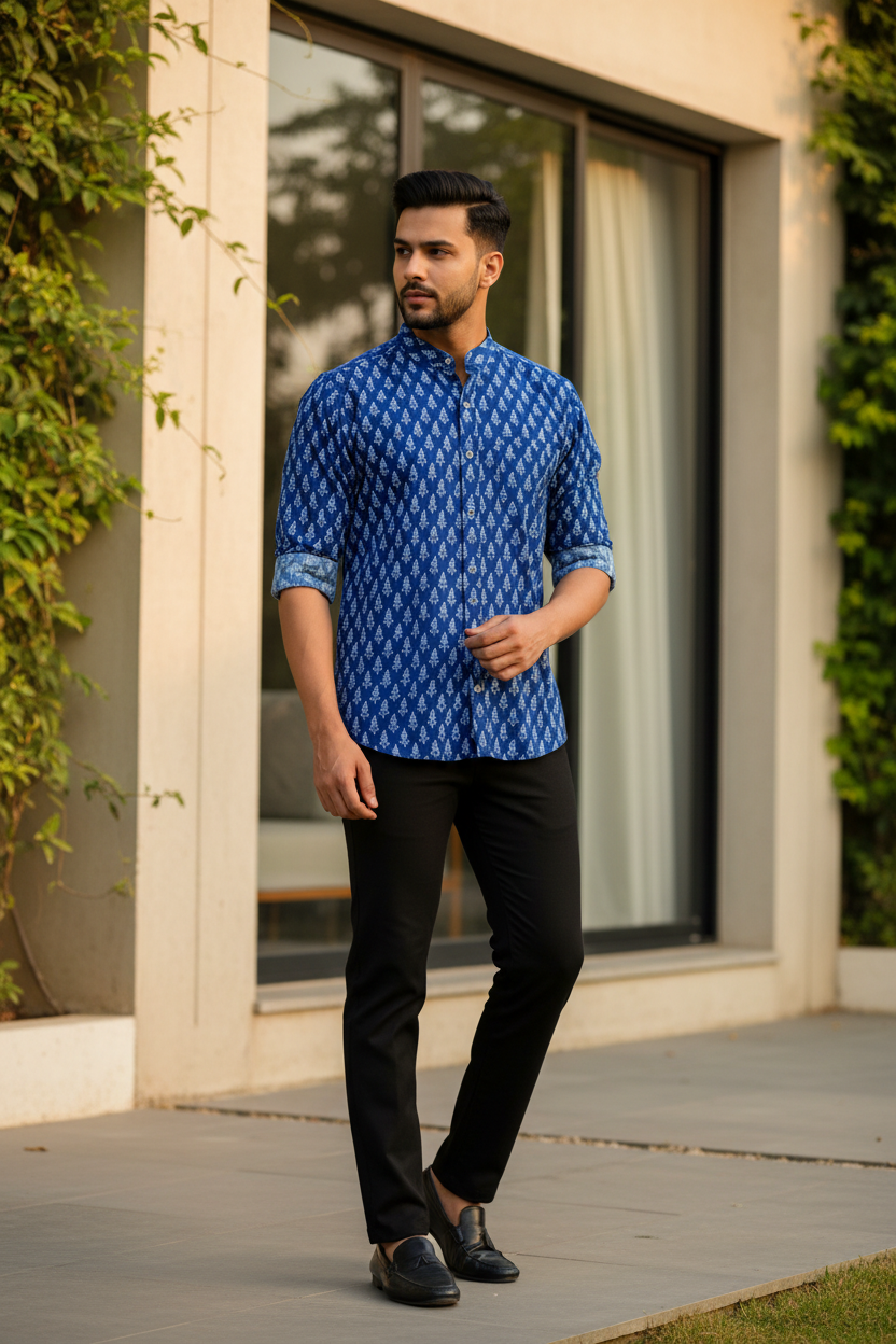 Southloom Jaipur Pure Cotton Block Printed Shirt for Men in Full Sleeve (2XL)