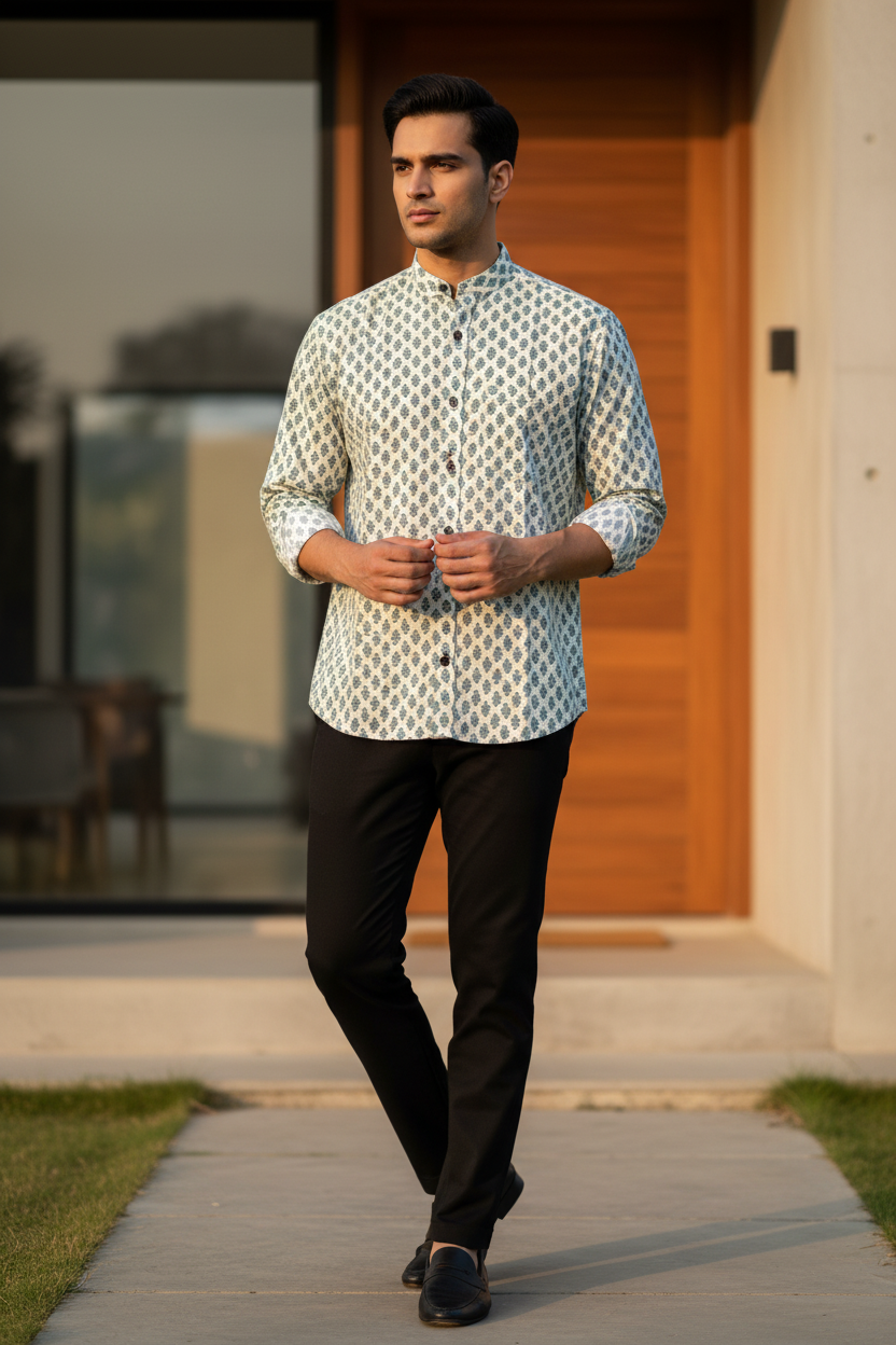 Southloom Jaipur Pure Cotton Block Printed Shirt for Men in Full Sleeve (2XL)