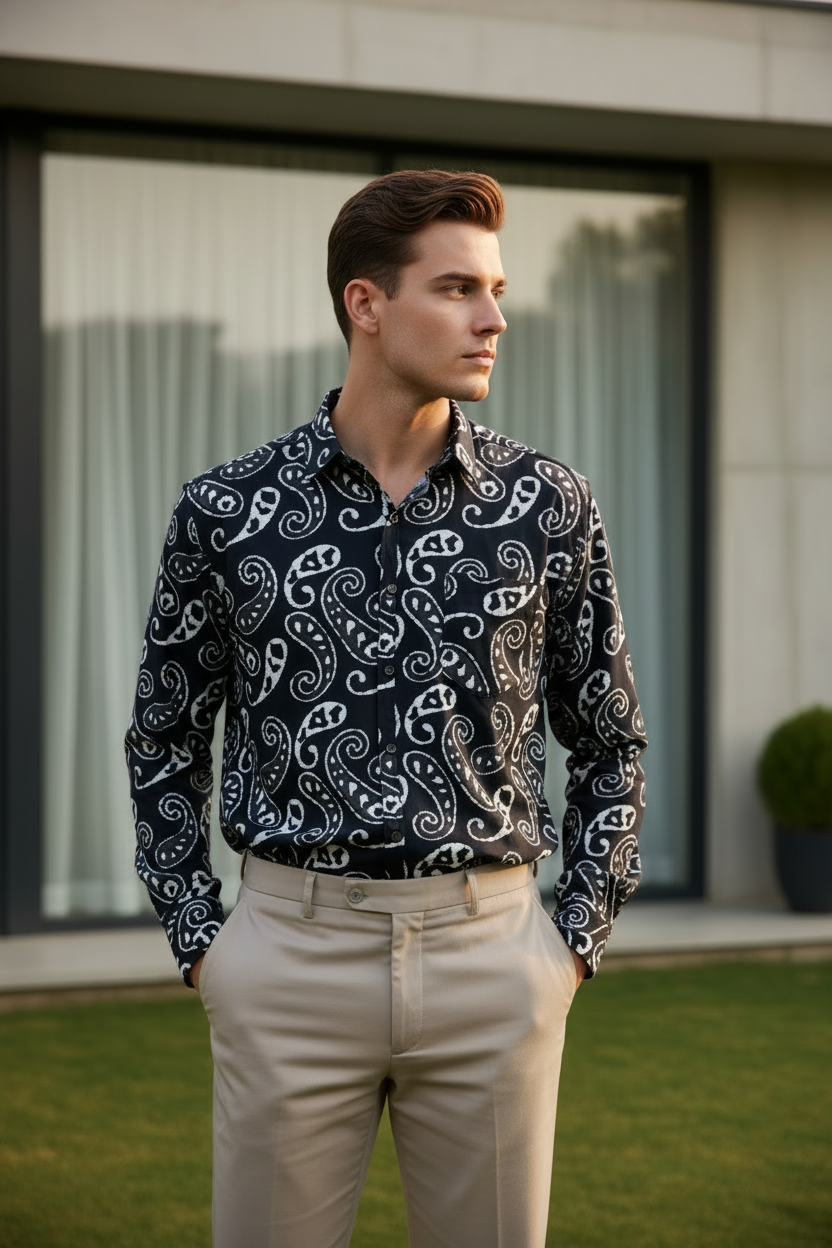 Southloom Jaipur Pure Cotton Block Printed Shirt for Men in Full Sleeve (2XL)