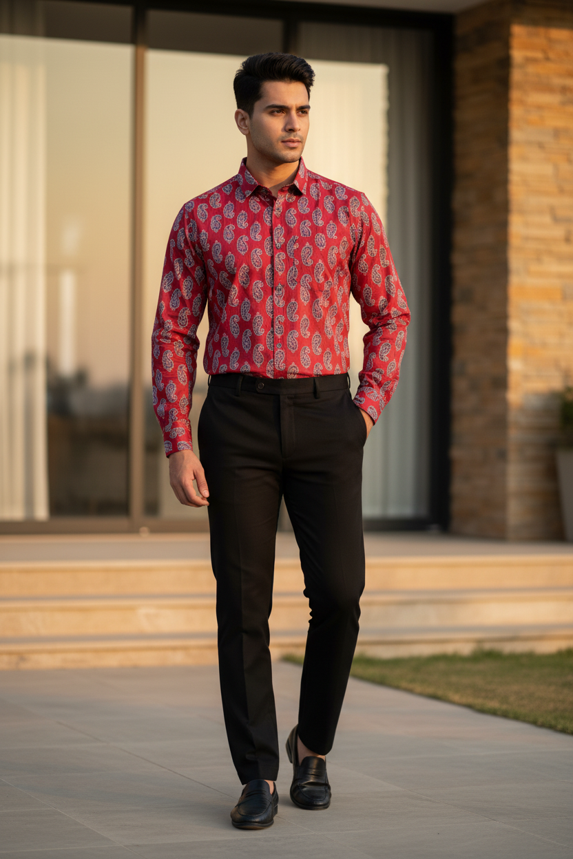 Southloom Jaipur Pure Cotton Block Printed Shirt for Men in Full Sleeve (3XL)