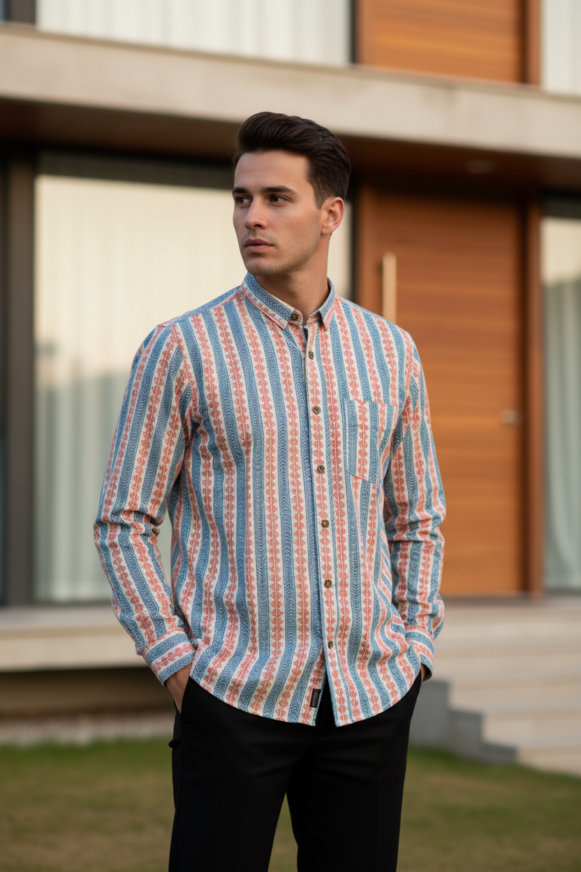 Southloom Jaipur Pure Cotton Block Printed Shirt for Men in Full Sleeve (2XL)