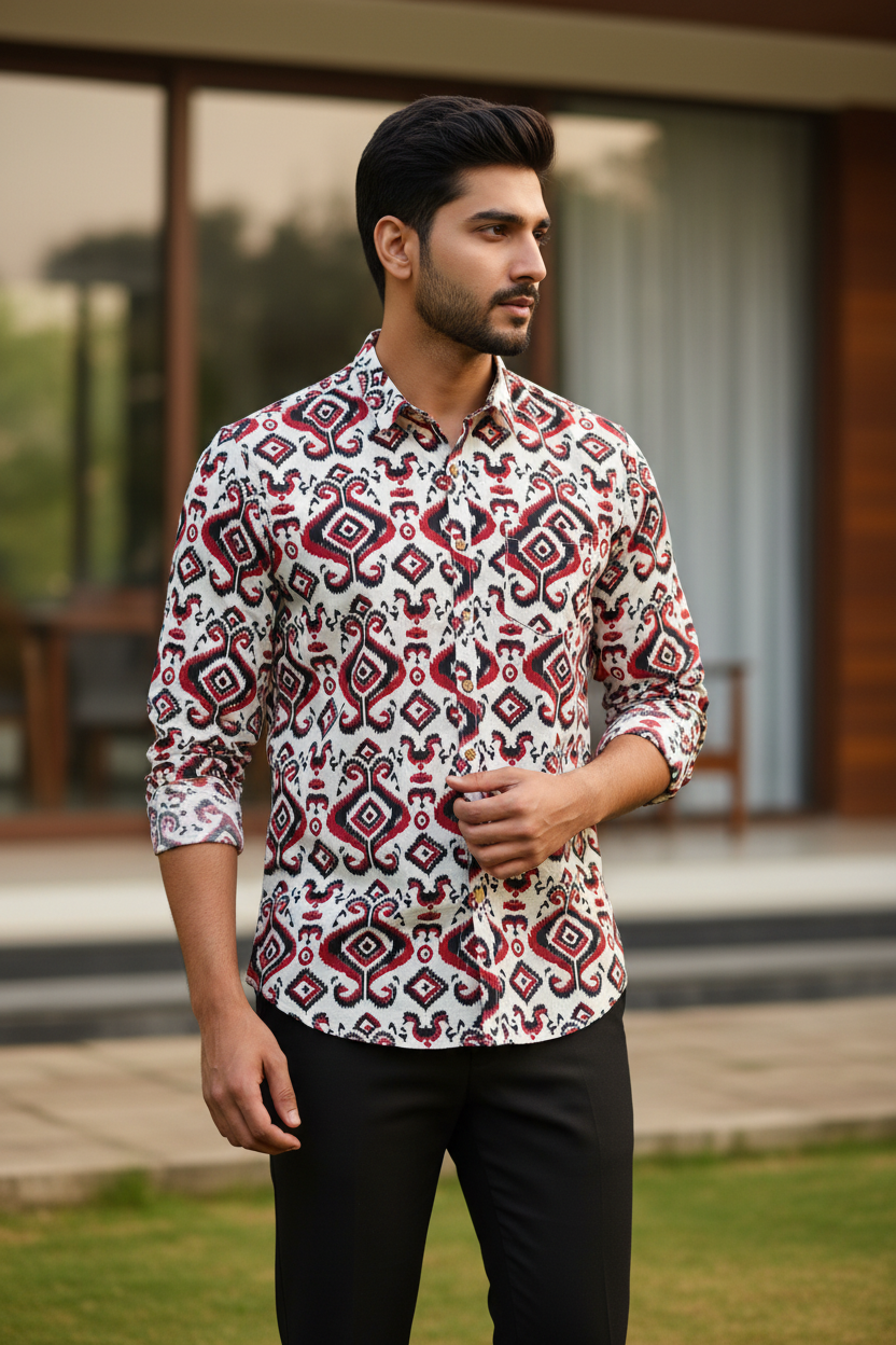 Southloom Jaipur Pure Cotton Block Printed Shirt for Men in Full Sleeve (4XL)