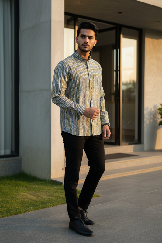 Southloom Jaipur Pure Cotton Block Printed Shirt for Men in Full Sleeve (2XL)