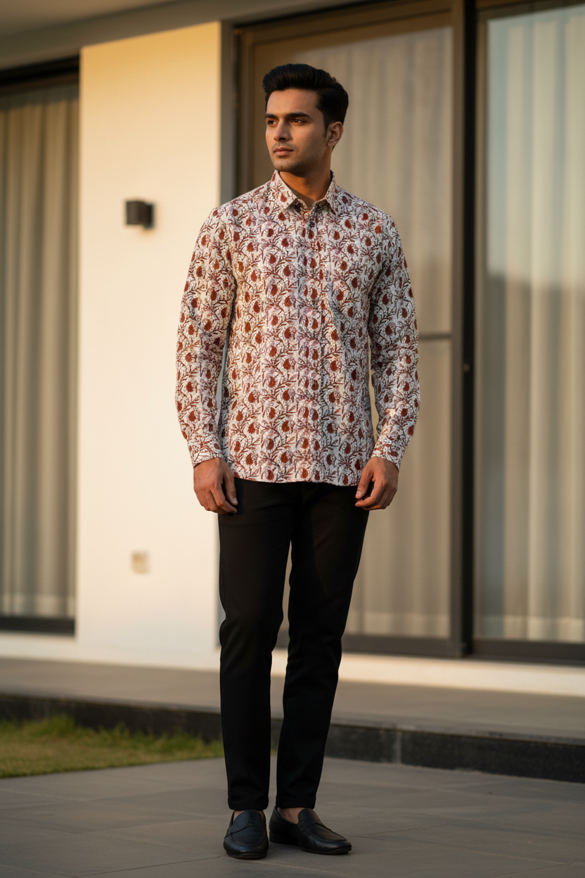 Southloom Jaipur Pure Cotton Block Printed Shirt for Men in Full Sleeve (2XL)