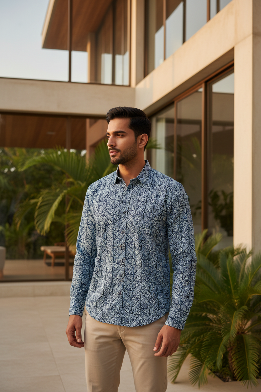 Southloom Jaipur Pure Cotton Block Printed Shirt for Men in Full Sleeve (3XL)