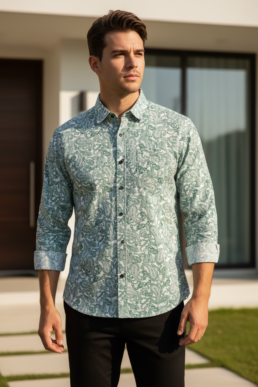 Southloom Jaipur Pure Cotton Block Printed Shirt for Men in Full Sleeve (3XL)