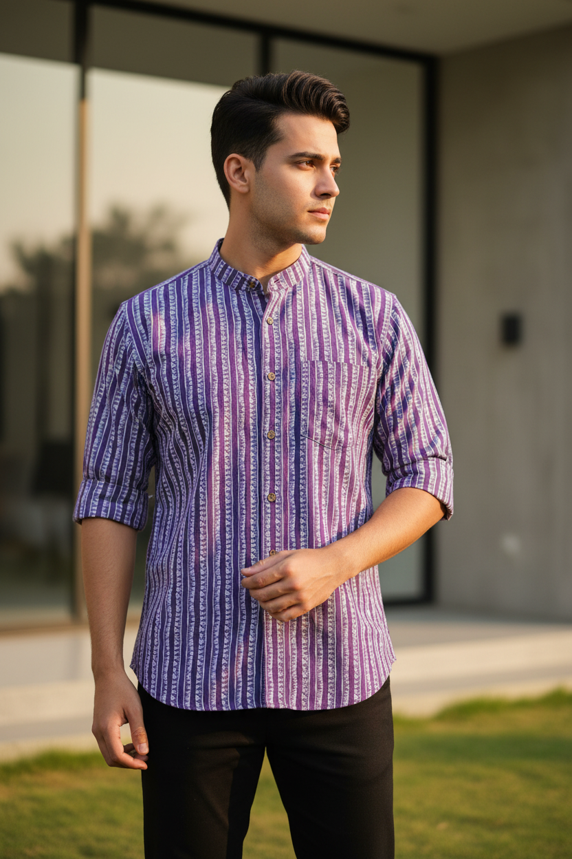 Southloom Jaipur Pure Cotton Block Printed Shirt for Men in Full Sleeve (3XL)