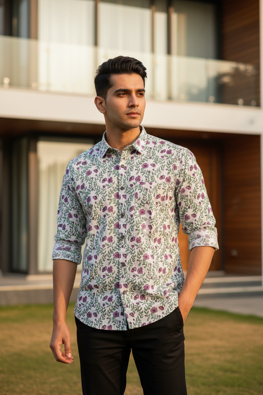 Southloom Jaipur Pure Cotton Block Printed Shirt for Men in Full Sleeve (2XL)