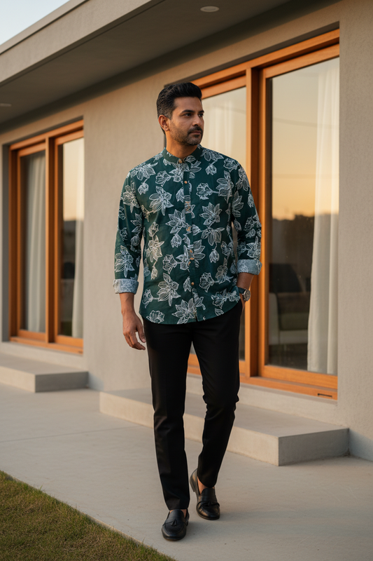 Southloom Jaipur Pure Cotton Block Printed Shirt for Men in Full Sleeve (3XL)