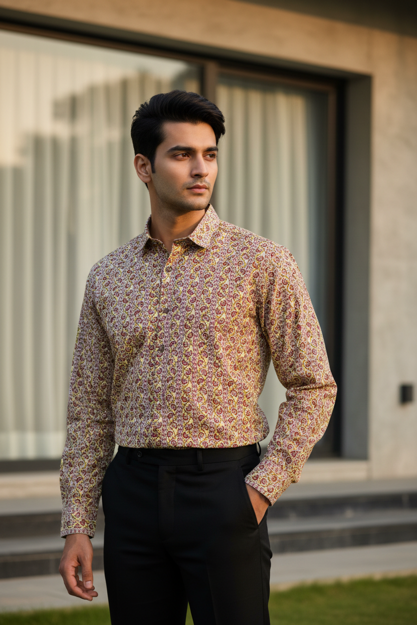 Southloom Jaipur Pure Cotton Block Printed Shirt for Men in Full Sleeve (2XL)