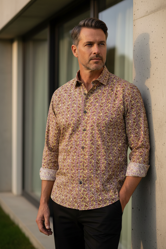 Southloom Jaipur Pure Cotton Block Printed Shirt for Men in Full Sleeve (3XL)