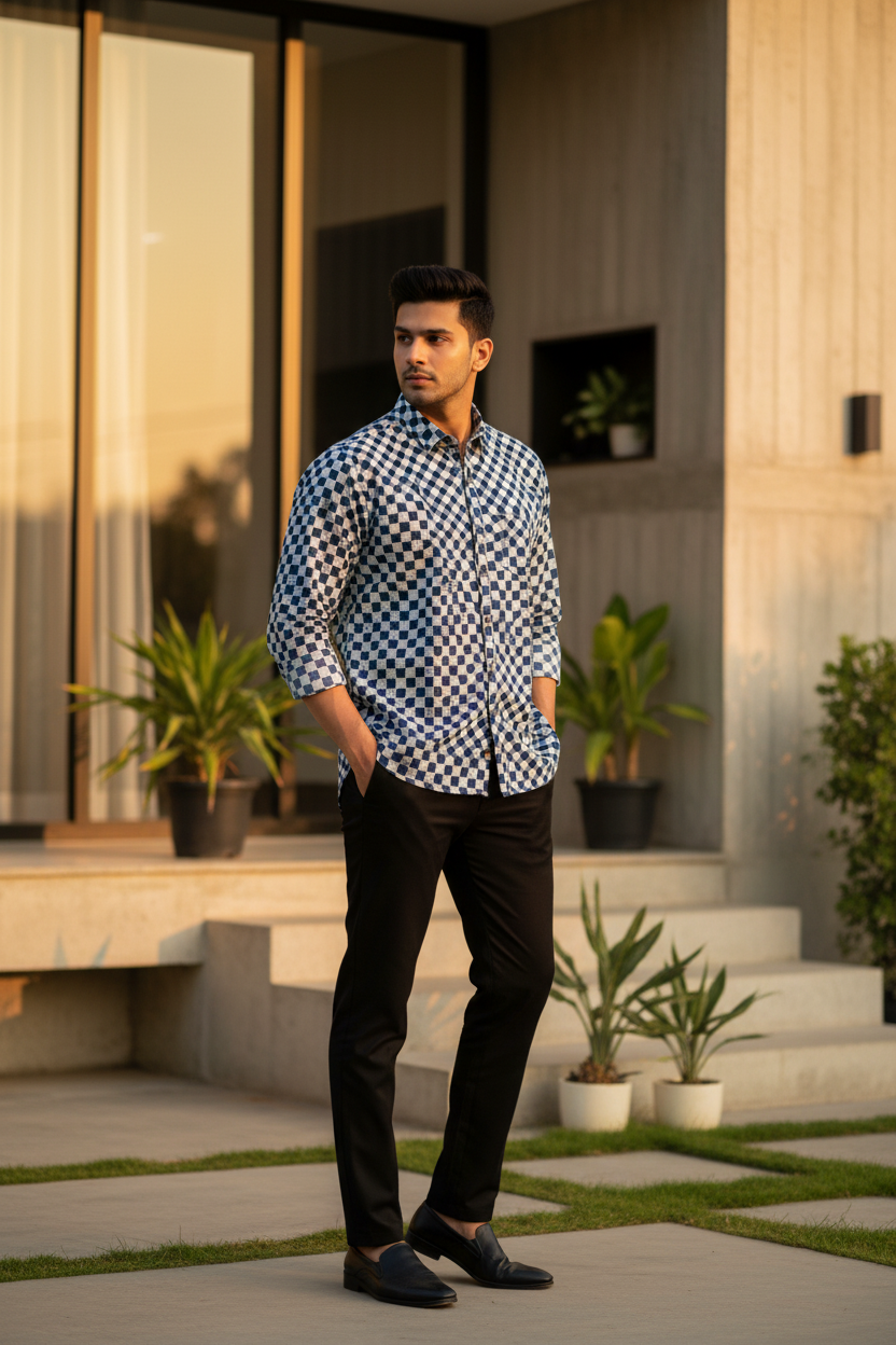 Southloom Jaipur Pure Cotton Block Printed Shirt for Men in Full Sleeve (3XL)